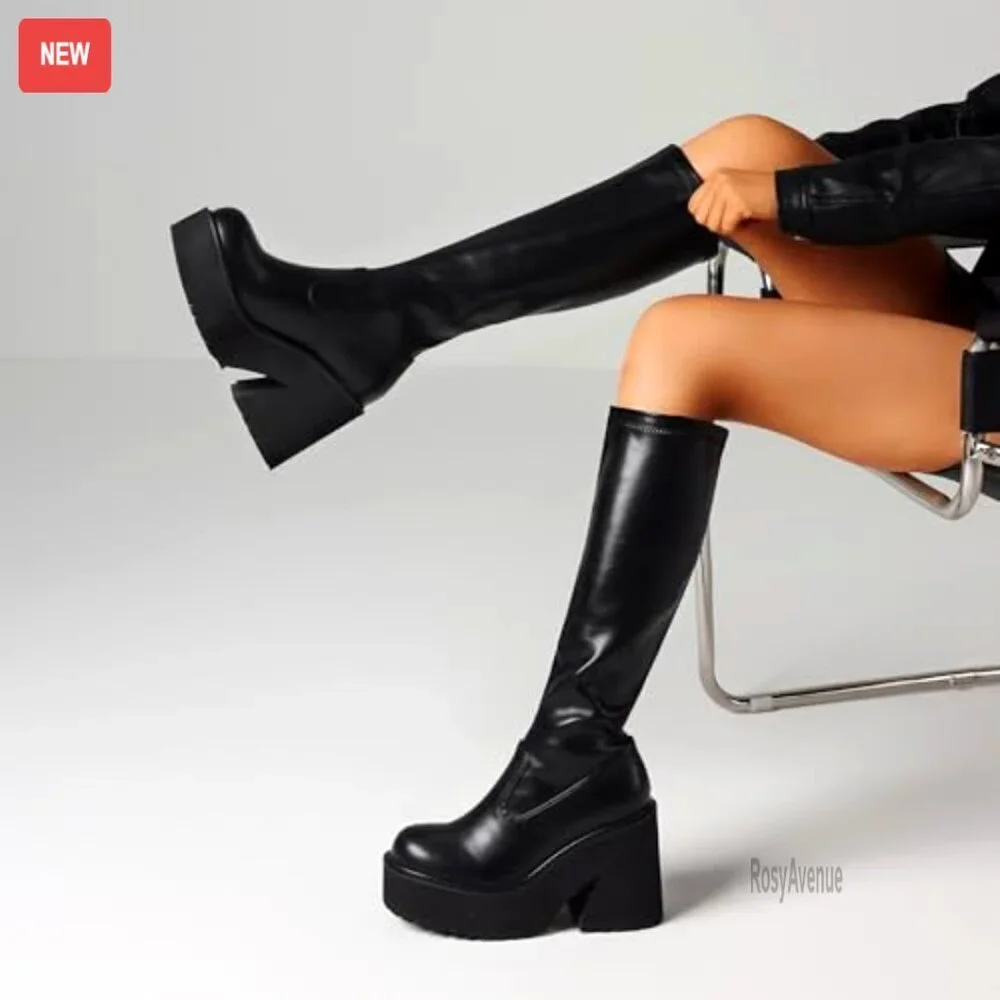 Women's Knee High Platform Boots with Chunky Heel, Zipper & Elastic Leather - Picture 5 of 7